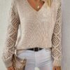 Cozy Pointelle Knit Sweater – Elegant V-Neck, Long Sleeve, Soft Pullover Design, Women’s Classic Winter Clothing for Daily Wear