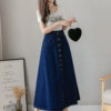 Row button skirt line skirt pear shape thick legs long denim skirt