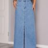 Women’s Denim Pencil Skirt, Vintage High Waist Fringe Trim Denim Skirt With Split Hem