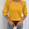 Cozy Long Sleeve Raglan Cable Knit Sweater – Soft Mid-Elastic Acrylic Fabric, Square Neck, Button Details, Regular Length, Solid Color, Perfect for Fallu002FWinter – Casual Womens Knitwear for Everyday Wear