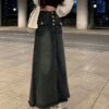 Stylish High-Waist Denim Maxi Skirt – Button-Front, Frayed Hem, Casual Streetwear Style, Comfortable and Flattering Fit for Fall, Perfect for Daily Wear