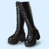 Womens Wide Calf Wedge Boots – Black Knee High Chunky Heels Lace Up Goth Platform Boots with Zipper Closure and Punk Motorcycle Combat Style