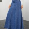 Stunning Faux Pearl Embellished Trumpet Denim Skirt – Elegant Loose Fit, Slash Pocket, Washed Blue, Soft Fabric, Comfortable Wear – Perfect for Women’s Casual Daily Outfit